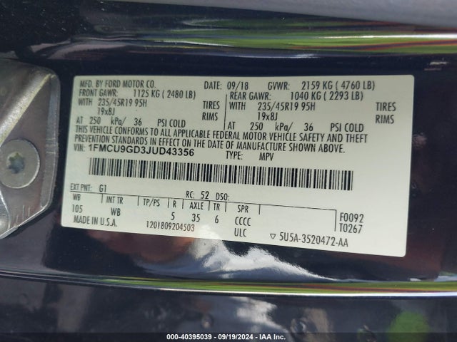 Ford ESCAPE SE 2018 1FMCU9GD3JUD43356 Image 9