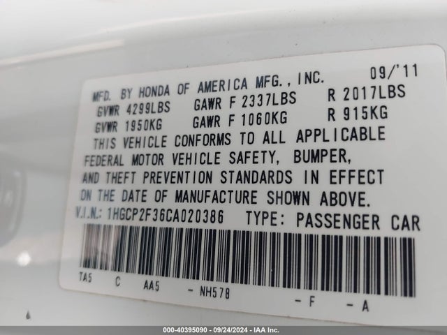 Aukcja sprzedaży 2012 Honda Accord 2.4 Lx, vin: 1HGCP2F36CA020386, numer aukcji: 40395090