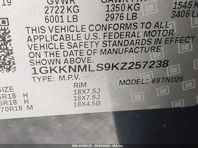GMC Acadia Slt-1 2019 1GKKNMLS9KZ257238 Image 9