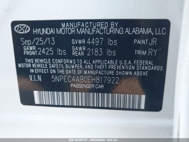 Hyundai Sonata Se 2.0t 2014 5NPEC4AB0EH817922 Image 9