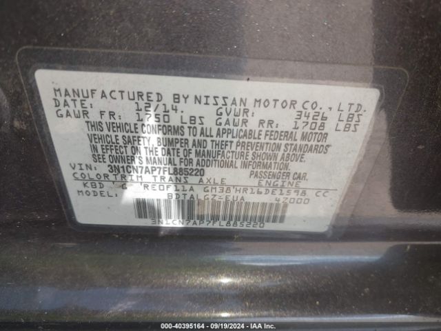 3N1CN7AP7FL885220 Nissan Versa 1.6 Sl