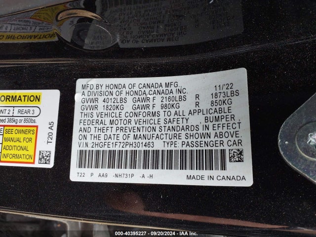 Honda Civic Ex /ex W/o Bsi 2023 2HGFE1F72PH301463 Image 9