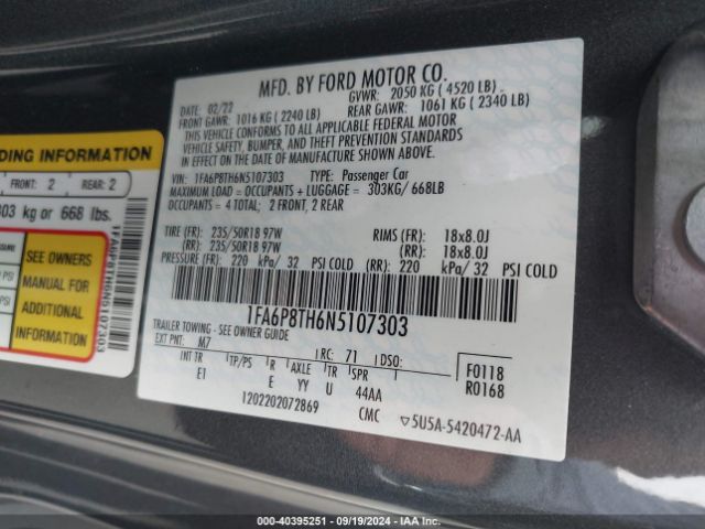 1FA6P8TH6N5107303 Ford Mustang Ecoboost Premium Fastback