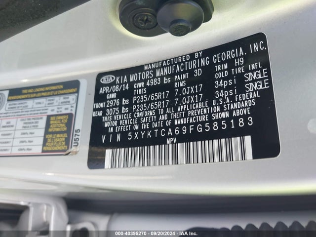 KIA SORENTO LX 2015 5XYKTCA69FG585183 Image 9