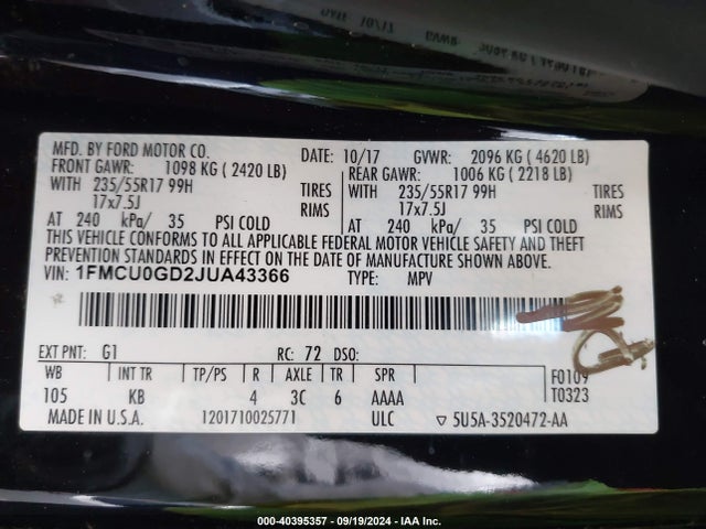 Ford ESCAPE SE 2018 1FMCU0GD2JUA43366 Image 9