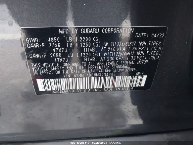 4S4BTADC8N3234608 Subaru Outback Premium