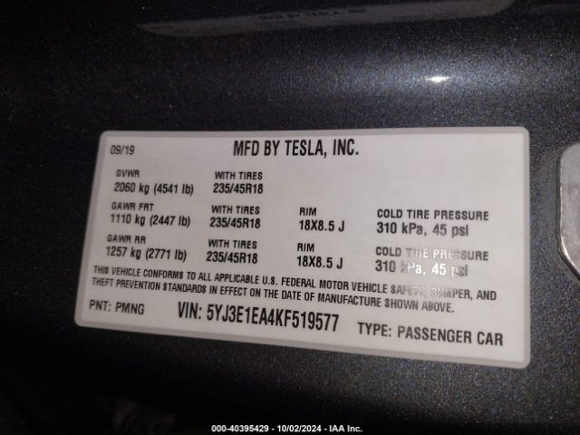 5YJ3E1EA4KF519577 Tesla Model 3 Long Range/mid Range/standard Range/standard Range Plus