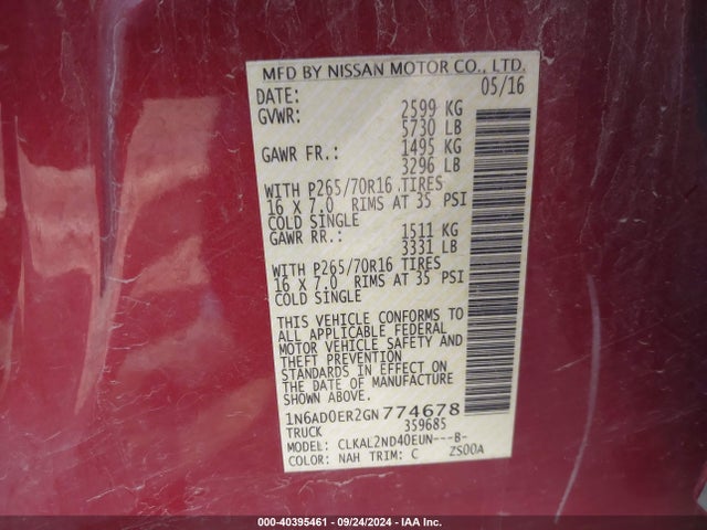 Nissan Frontier Sv 2016 1N6AD0ER2GN774678 Image 9