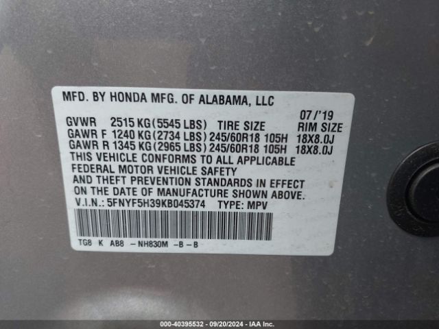 5FNYF5H39KB045374 Honda Pilot Ex