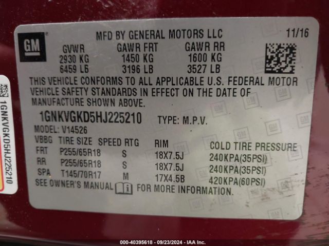 1GNKVGKD5HJ225210 Chevrolet Traverse 1lt