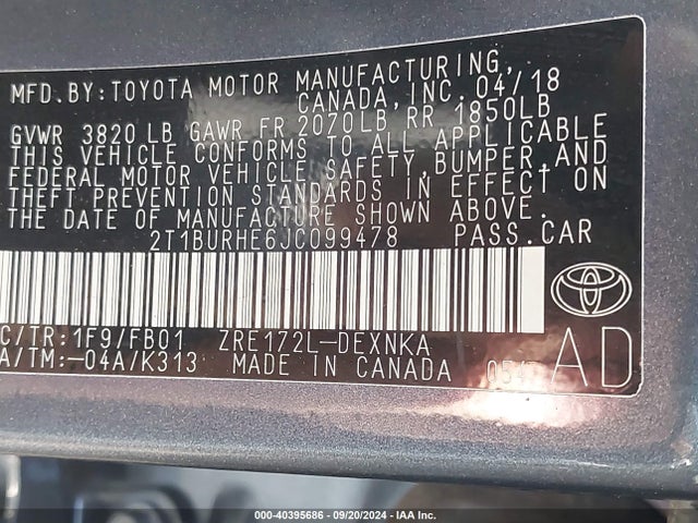 Toyota COROLLA LE 2018 2T1BURHE6JC099478 Image 9
