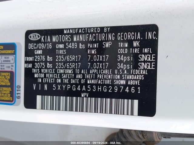 5XYPG4A53HG297461 KIA Sorento 3.3l Lx