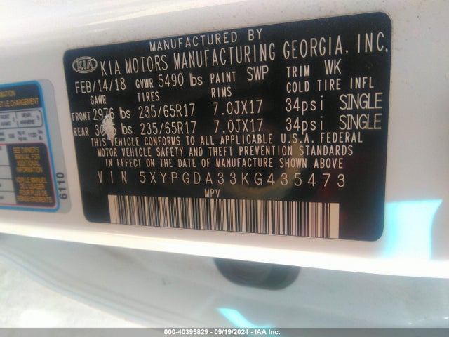 KIA Sorento 2.4l Lx 2019 5XYPGDA33KG435473 Image 9