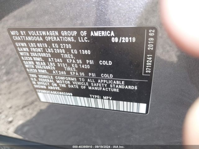 1V2NR2CA0KC602389 Volkswagen Atlas 3.6l V6 Sel Premium
