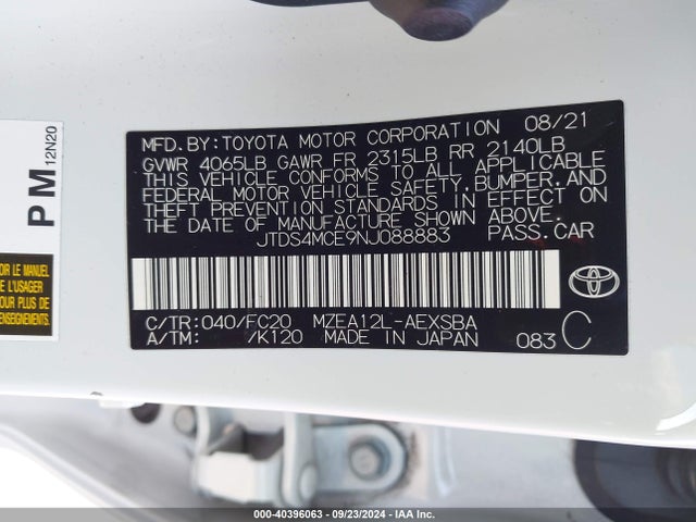 Toyota COROLLA SE 2022 JTDS4MCE9NJ088883 Image 9