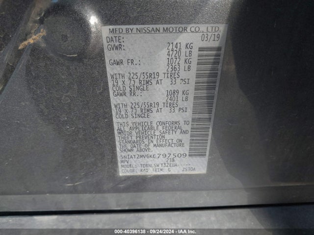 Nissan Rogue Sl 2019 5N1AT2MV6KC797509 Image 9