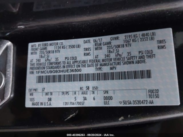 1FMCU9G93HUE36500 Ford ESCAPE SE