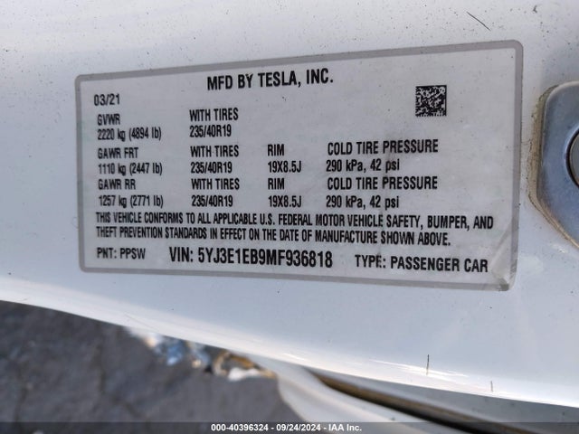 2021 TESLA MODEL 3 5YJ3E1EB9MF936818 Photo 8