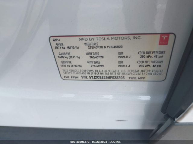 5YJXCBE29HF038206 Tesla Model X 100d/75d/90d