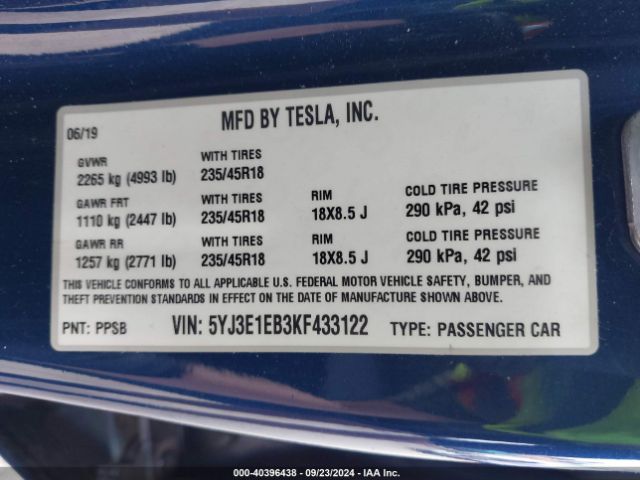 5YJ3E1EB3KF433122 Tesla Model 3 Long Range/performance