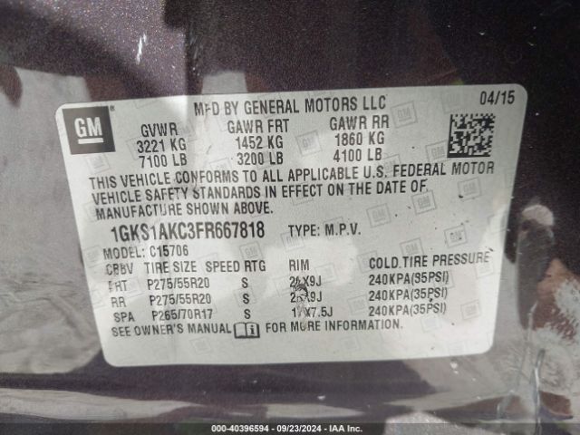 1GKS1AKC3FR667818 GMC YUKON SLE