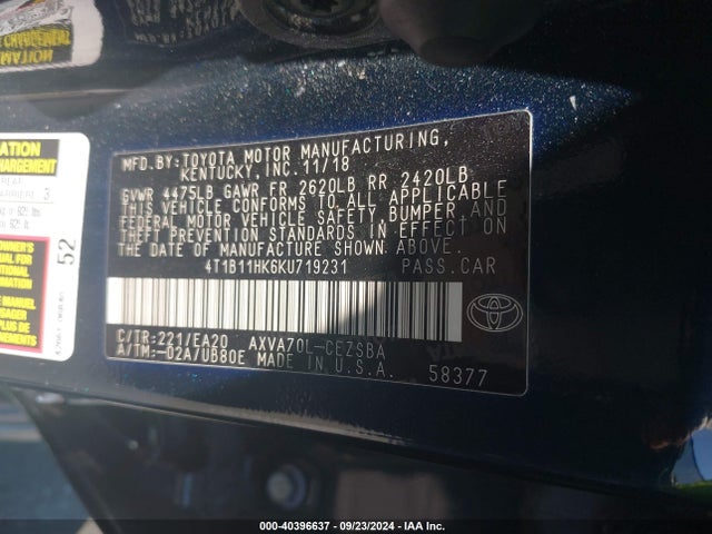 Toyota CAMRY SE 2019 4T1B11HK6KU719231 Image 9