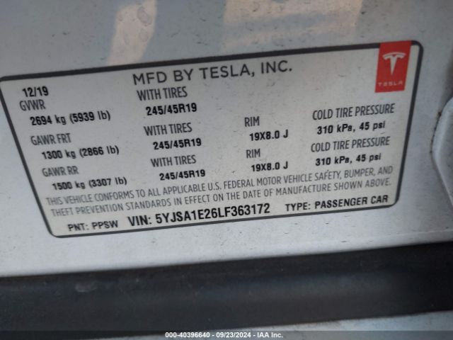 5YJSA1E26LF363172 Tesla Model S Long Range Dual Motor All-wheel Drive/long Range Plus Dual Motor All-wheel Drive
