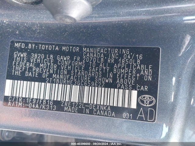 Toyota COROLLA LE 2016 2T1BURHE3GC659627 Image 9