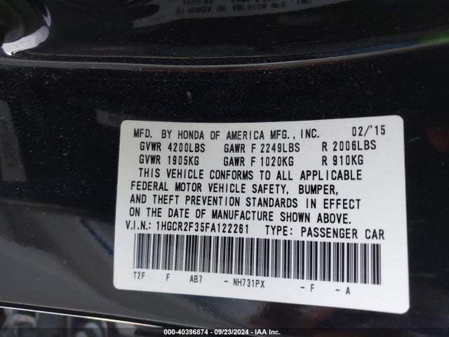 Honda ACCORD LX 2015 1HGCR2F35FA122261 Image 9