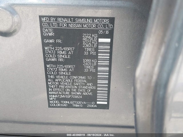 Nissan ROGUE SV 2016 KNMAT2MV1GP701824 Image 9