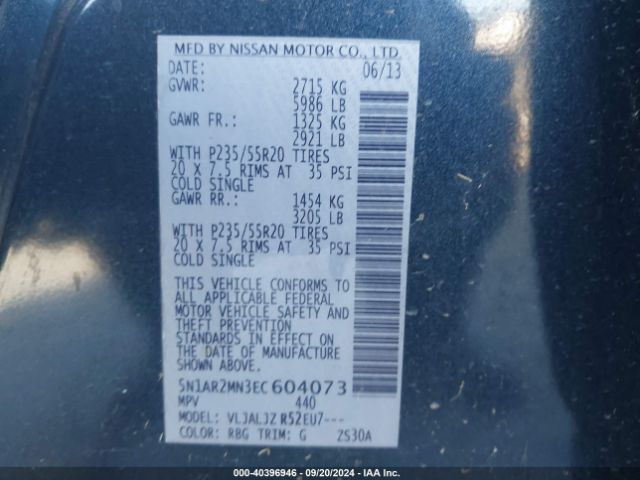 5N1AR2MN3EC604073 Nissan Pathfinder Platinum