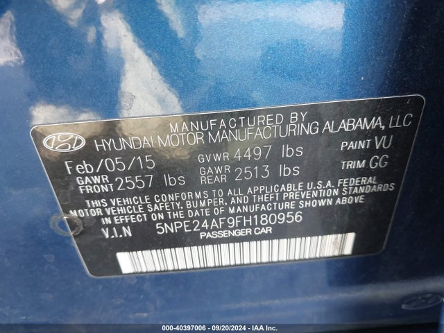 Hyundai SONATA SE 2015 5NPE24AF9FH180956 Image 9