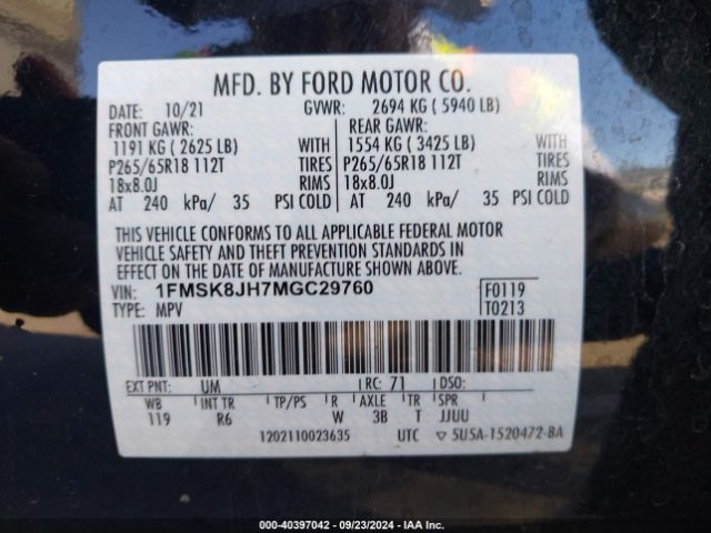 1FMSK8JH7MGC29760 Ford Explorer Timberline