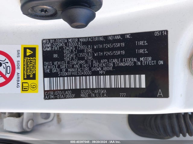 5TDDKRFHXES049000 Toyota Highlander Limited V6