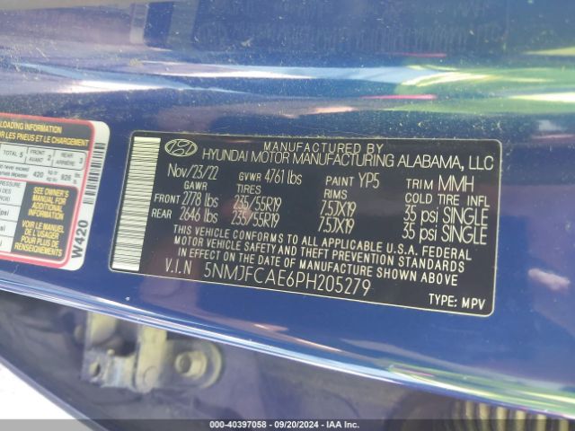 5NMJFCAE6PH205279 Hyundai TUCSON SEL