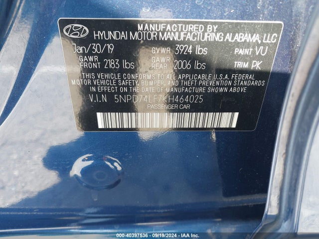Hyundai ELANTRA SE 2019 5NPD74LF7KH464025 Image 9