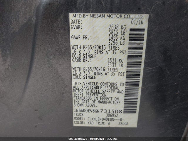 Nissan Frontier Pro-4x/s/sl/sv 2016 1N6AD0EV8GN731508 Image 9
