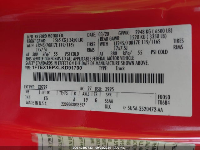 Ford F-150 Xl 2020 1FTEX1EPXLKD91700 Image 9