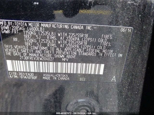 Toyota Rav4 Limited 2014 2T3DFREV3EW204027 Image 9