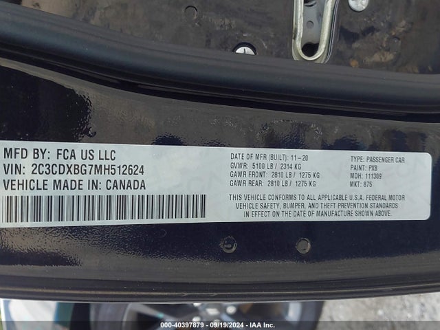 2C3CDXBG7MH512624 Dodge Charger Sxt Rwd