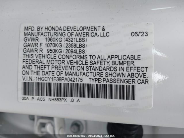 1HGCY1F38PA042175 Honda ACCORD EX