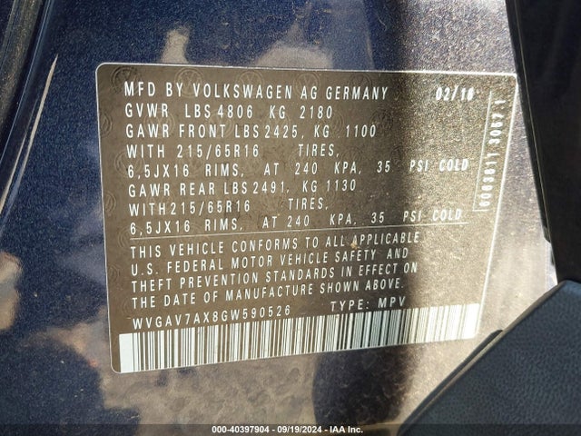 WVGAV7AX8GW590526 Volkswagen TIGUAN S