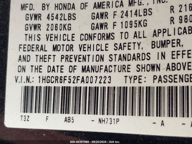 1HGCR6F52FA007223 Honda Accord Hybrid Ex-l