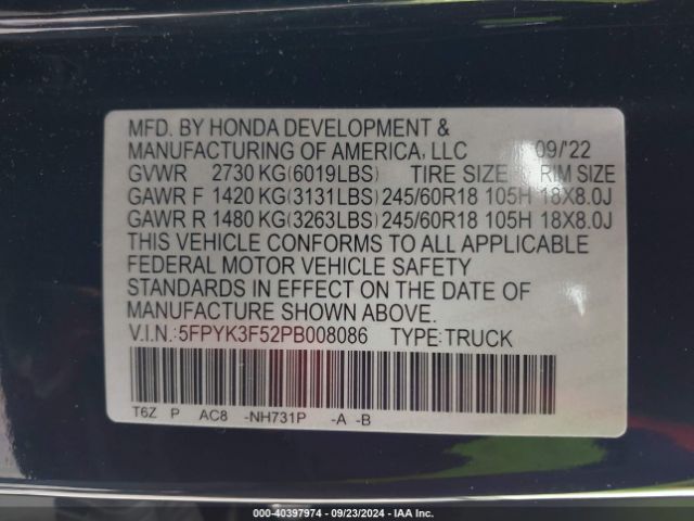 5FPYK3F52PB008086 Honda Ridgeline Rtl