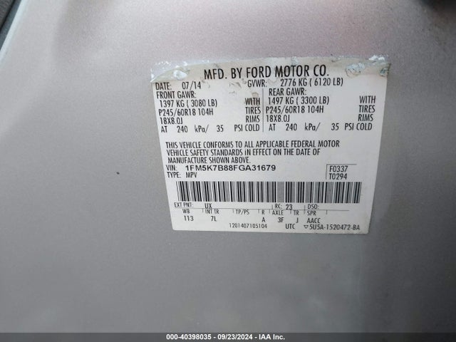 Ford Explorer 2015 1FM5K7B88FGA31679 Image 9