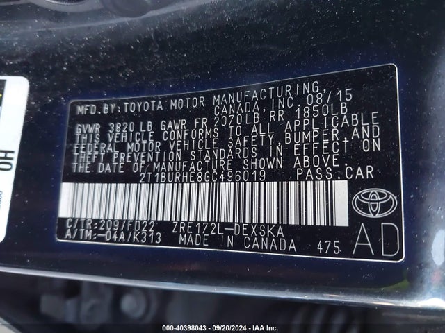 Toyota Corolla S W/special Edition Pkg 2016 2T1BURHE8GC496019 Image 9