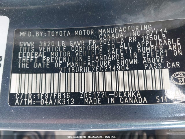 Toyota COROLLA LE 2014 2T1BURHE7EC214904 Image 9