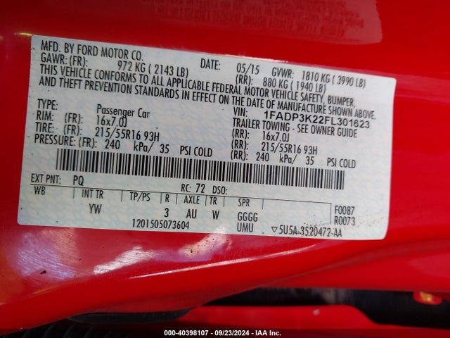 Ford FOCUS SE 2015 1FADP3K22FL301623 Image 9