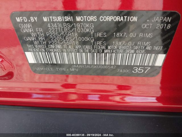 JA4AR3AU5KU006542 Mitsubishi Outlander Sport 2.0 Es
