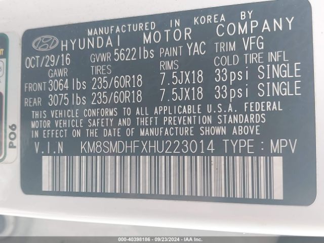 KM8SMDHFXHU223014 Hyundai Santa Fe Se